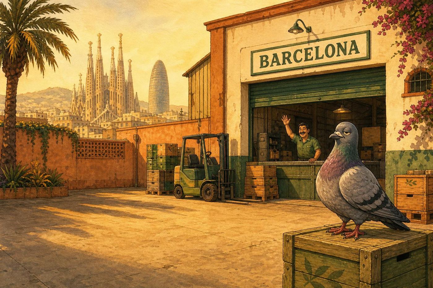 Painted Barcelona freight depot in late-afternoon light with palm trees, the Sagrada Família and Torre Glòries in the distance, a waving depot worker, and the pigeon already perched on a crate as Freddie's four pallets arrive.