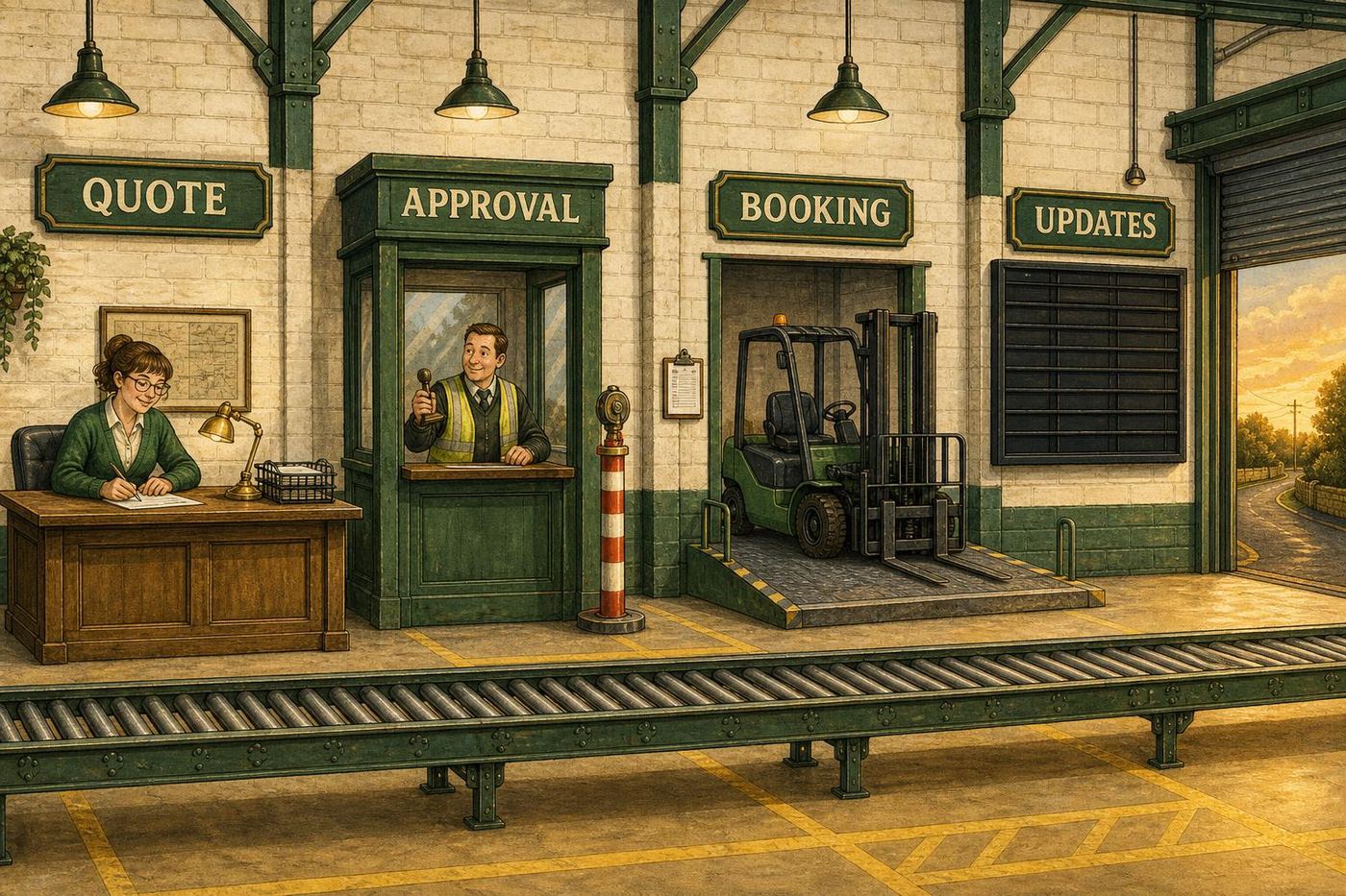 Painted freight terminal with four stations along a roller conveyor: a Quote desk, an Approval booth where a freight employee raises a striped barrier, a Booking loading bay with a forklift, and an Updates departure board beside an open door.