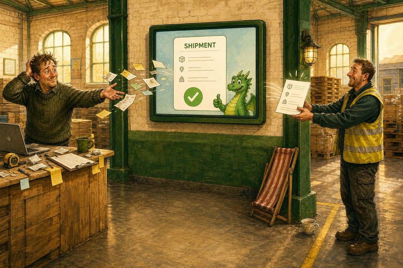Painted warehouse scene: a customer at a loading desk hands scraps of shipment information to a friendly Greentic assistant on a wall screen, which turns them into one neat shipment document that a freight employee receives; a half-folded deckchair leans against a pillar.