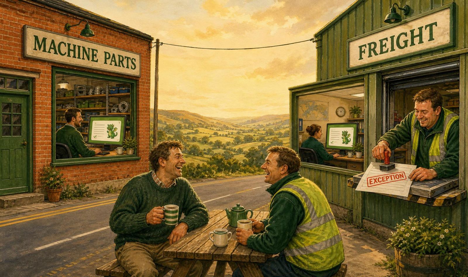 Wide painted scene: a customer's machine-parts warehouse on the left and a freight depot on the right, each with a screen showing its own Digital Worker; two people chat over tea at a picnic table while a freight specialist stamps an exception, and a road connects the two companies.