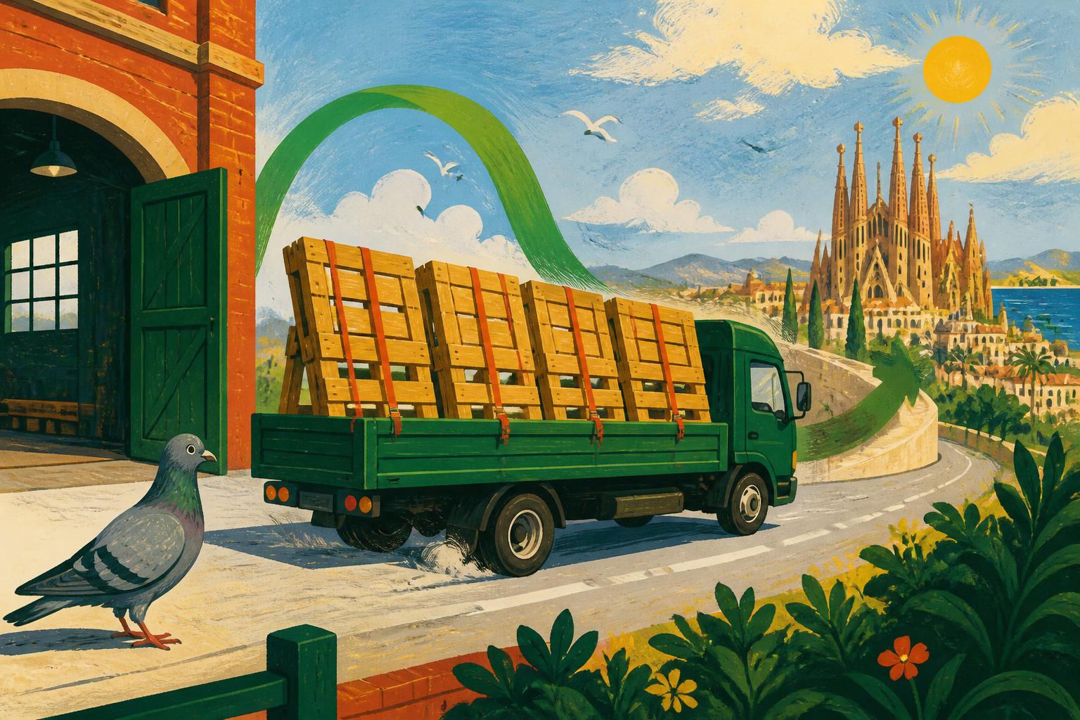 Freddie's pallets finally leave Birmingham for Barcelona while a pigeon watches