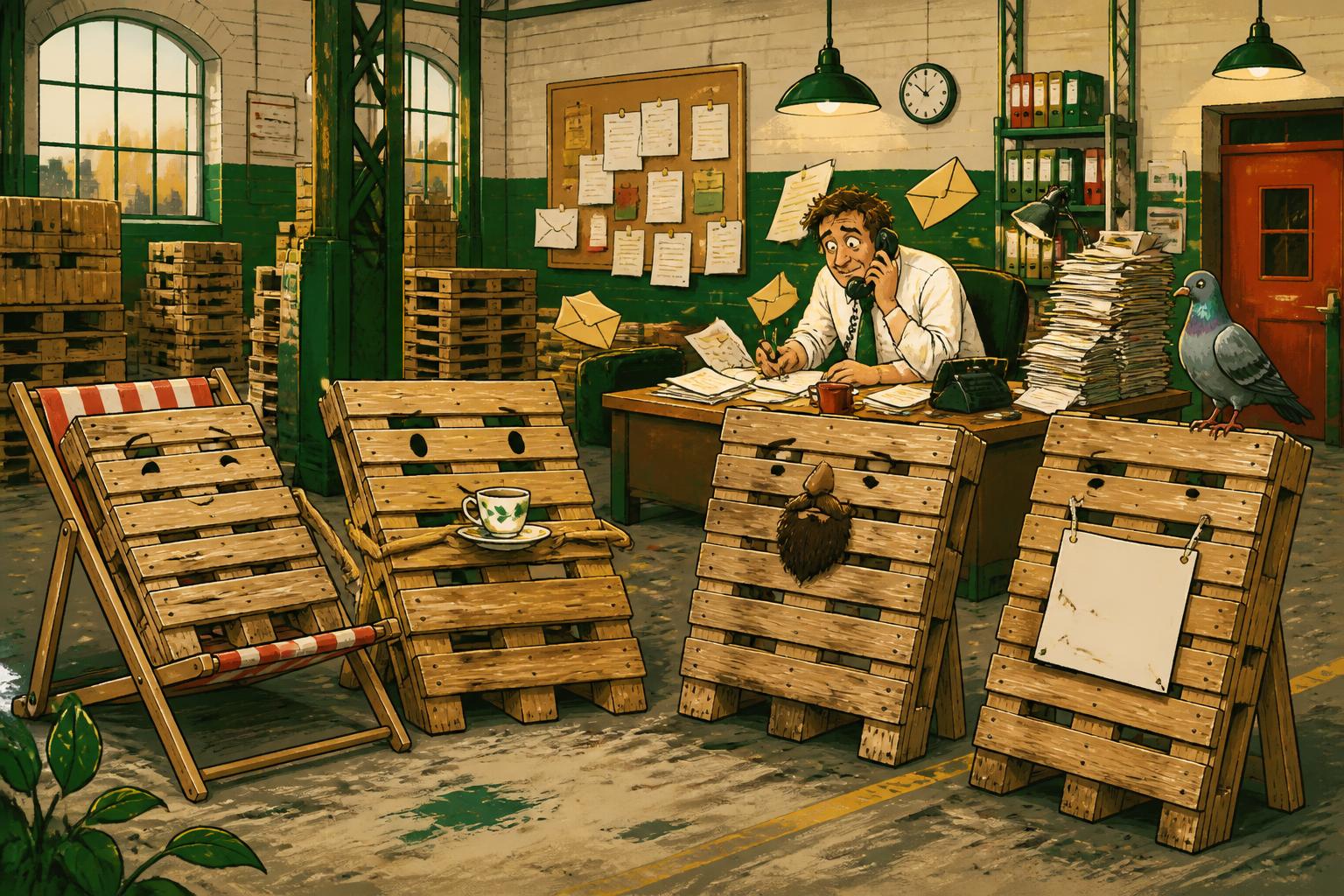 Freddie's four pallets pass the time while a freight employee handles paperwork and calls