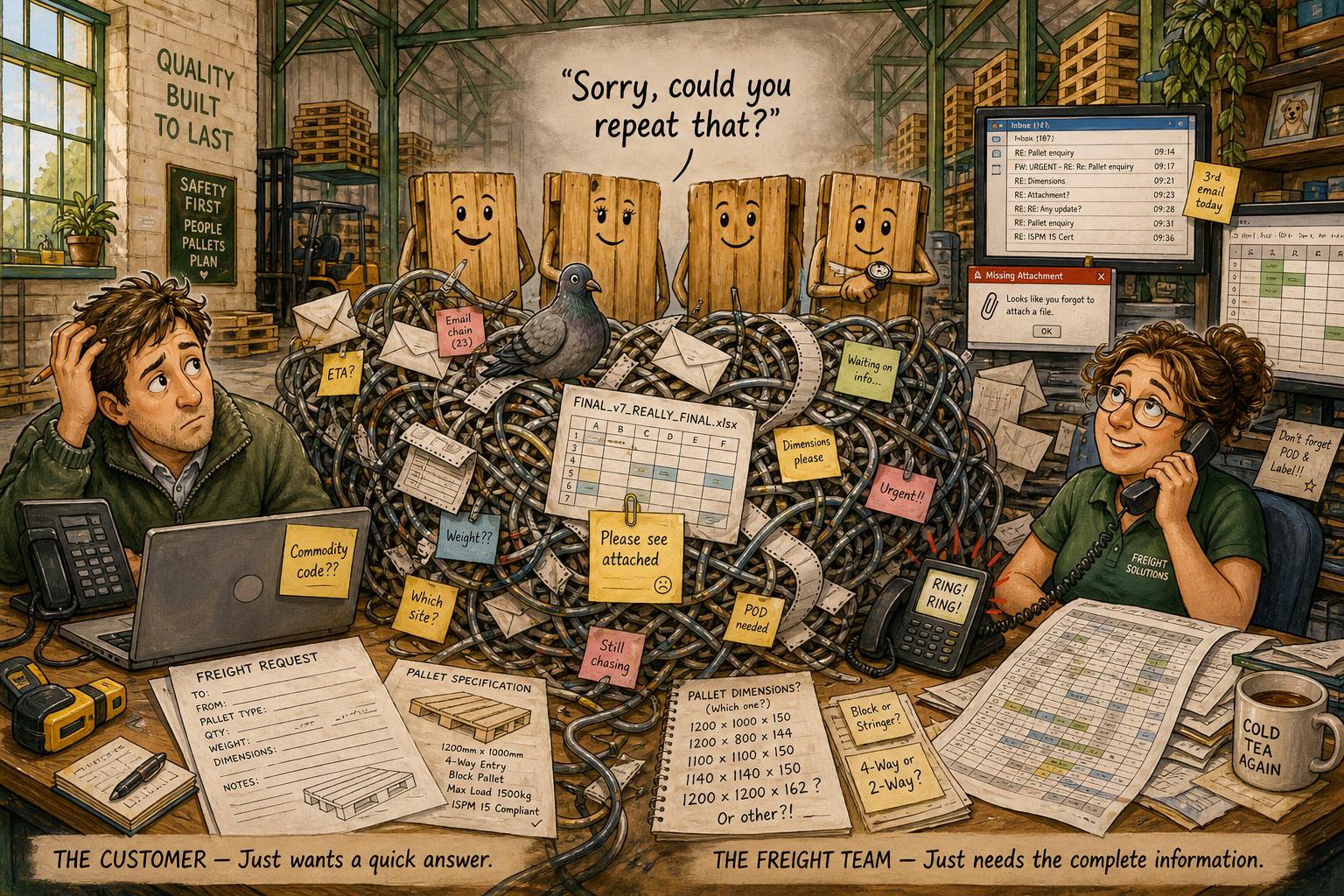 Storybook illustration: a confused customer at one desk and an overwhelmed freight worker at another, separated by a huge tangle of telephone cables, emails, forms and sticky notes, with Freddie's four pallets and a pigeon waiting behind it.